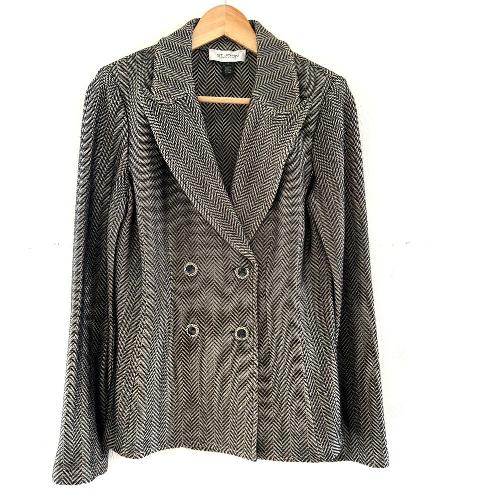 ST. JOHN Collection‎ Double Breasted Chevron Wool Blend Blazer Gold Blue Size 6